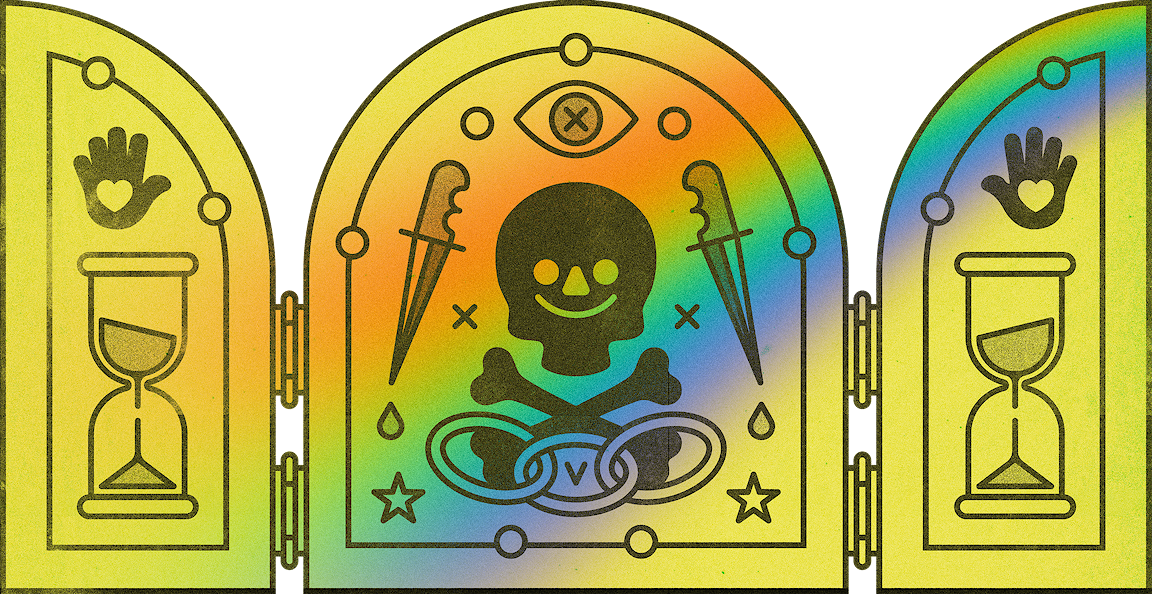 A yellow illustration that includes a skull and crossbones, daggers, and hourglasses.